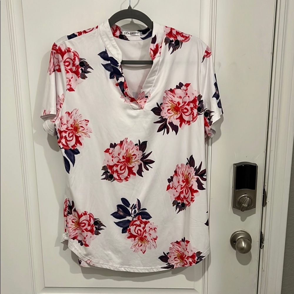 Pink Floral Mandarin Collar Short Sleeve Blouse